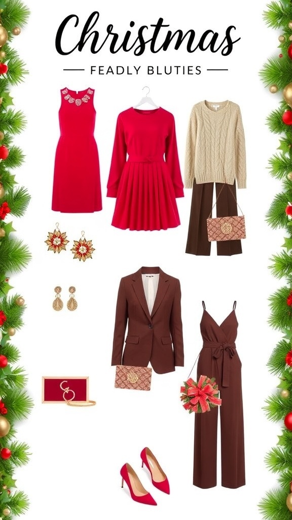Stylish Christmas outfits from Zara including a red dress, knit sweater, blazer, and jumpsuit with festive accessories.